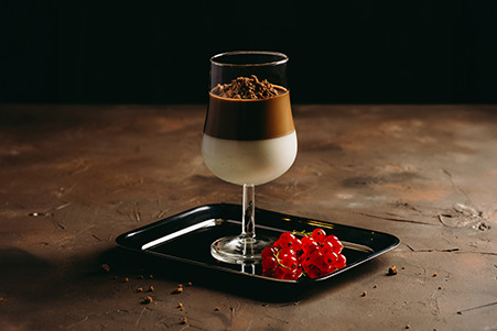 Panna cotta van witte en pure chocolade met miso-karamelsaus